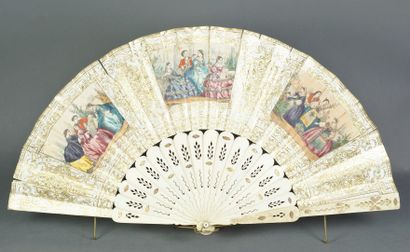 null Three fans, the stems in ivory and bone: one with lithographed and gouache decoration...