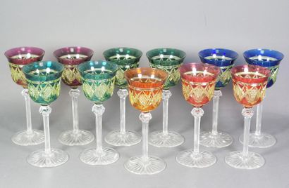 null Suite of eleven Rhine wine glasses in coloured crystal cut with rays and diamond...