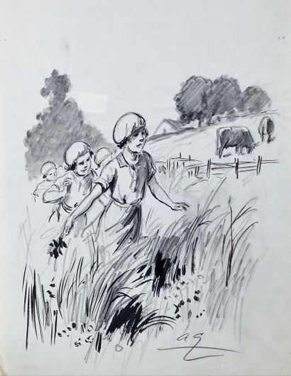 André GALLAND (1886-1965) Neufs dessin au fusain. Certains signés ou monogrammés....