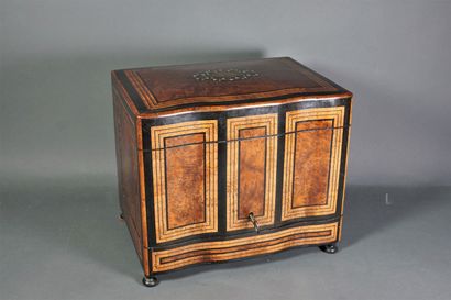 null A veneer and burr wood liquor cabinet, with copper and ivory inlays, including...