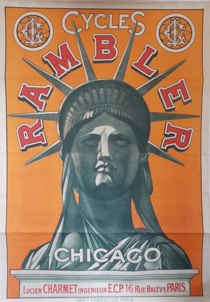 ANONYME CYCLES RAMBLER, Chicago. Vers 1900 Imprimerie Lemercier, Paris (bandeau collé)...