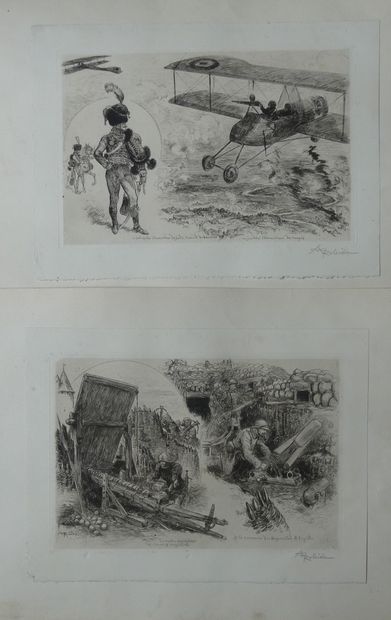 ROBIDA. WAR REUNION. Circa 1918 - Text page (3) and 12 etched plates mounted on strong...