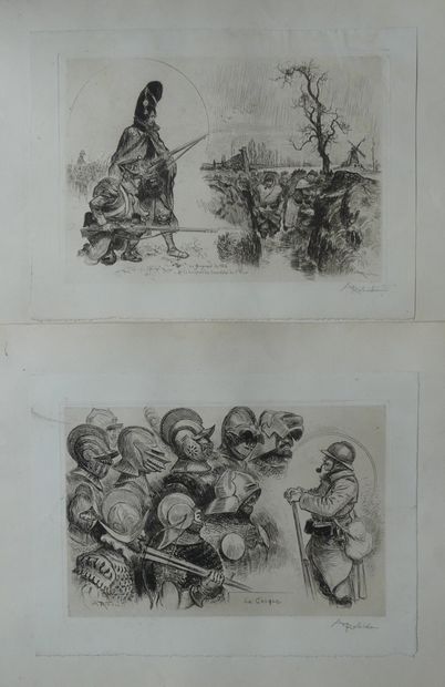 ROBIDA. WAR REUNION. Circa 1918 - Text page (3) and 12 etched plates mounted on strong...