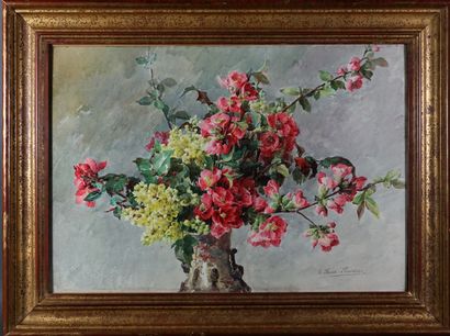 Eugénie FAUX-FROIDURE (1866-1942) Bouquet de fleurs de cerisier. Gouache signée en...