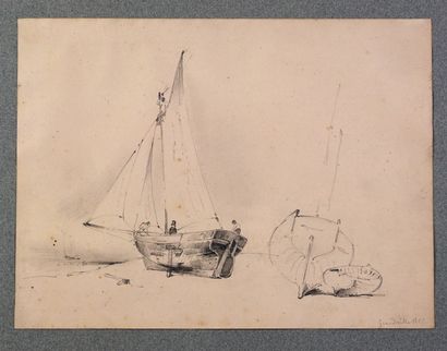 Ecole française XIXème. 
Bateaux à l'échouage, 3 dessins au crayon sur papier, datés...