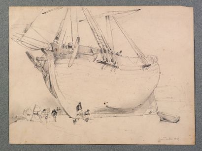 Ecole française XIXème. 
Boats at grounding, 3 pencil drawings on paper, dated 1825...