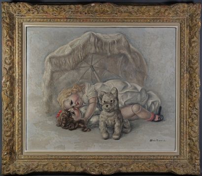 Toshio BANDO (1895-1973) Poupées et petit chien. Huile sur toile signée. 50 x 61...