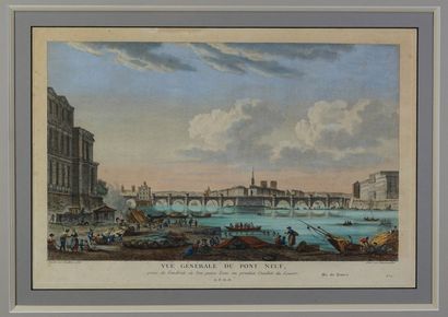ÉCOLE ANGLAISE XIXe "Vue générale du Pont neuf " Gravure d'après le dessin de Jean-Baptiste...