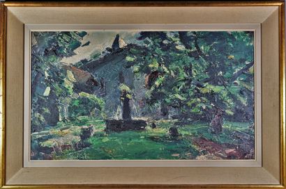 Pierre CALES (1870-1961) Levée de soleil sur la place en été. Huile sur carton signée...