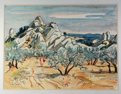 Yves BRAYER (1907-1990) Rochers au Paradou. Aquarelle signée . 48 x 64 cm Rousse...