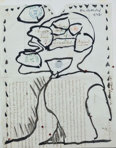 Pierre Alechinsky (né en 1927) Profil d’homme, 19770. Encre de Chine sur papier à...