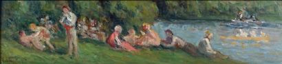 Maximilien Luce (1858-1941) Le déjeuner sur l’herbe au bord de l’eau. Huile sur carton....