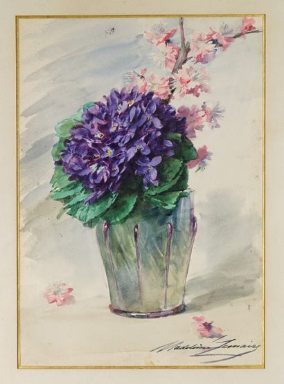 Madeleine LEMAIRE (1845-1928) 
Bouquet de violettes et branche de cerisier. Aquarelle...