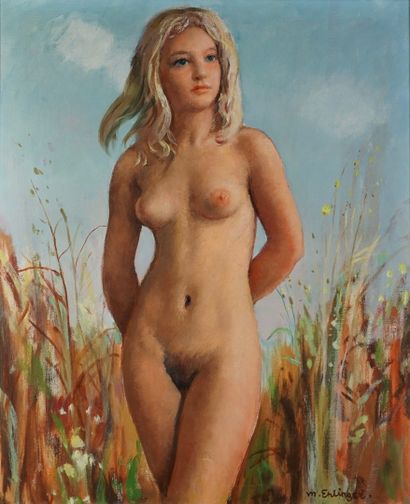 Maurice Ambroise Ehlinger (1896-1981) Jeune fille nue debout dans un champs. Huile...