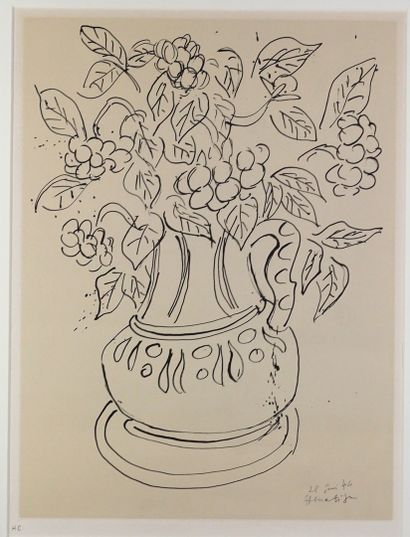 Henri MATISSE D'après 
un dessin "vase de fleurs" 1944, reproduction en photo lithographie...