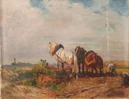 Eugène PECHAUBES (1890-1967) "Horses" - oil on canvas without frame - 32.5 x 41 cm...