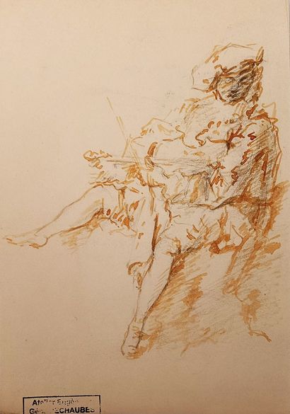 Eugène PECHAUBES (1890-1967) « Arlequin » - aquarelle et mine de plomb . 24,5 x 17...