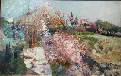 Claude FIRMIN (1867-1944) 
Champs de fleurs. Huile sur panneau. 27 x 43 cm. Signée...