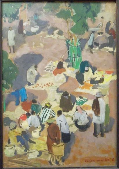 Lucien MARTIAL (1892-1987) . Le marché. Huile sur panneau. 36 x 53 cm. Signée en...