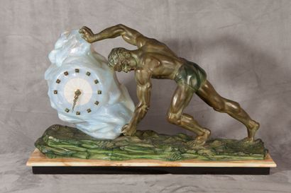 MAX LE VERRIER PENDULE Proof in bronze with green patina representing a man pushing...