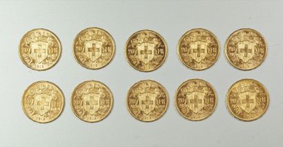 null 10 pièces en or de 20 francs suisse. 1915