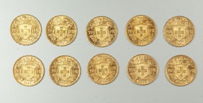 10 pièces en or de 20 francs suisse. 8 de...