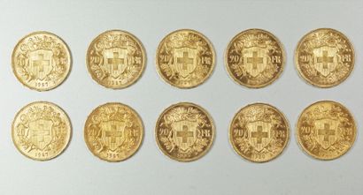 10 pièces en or de 20 francs suisse. 8 de...