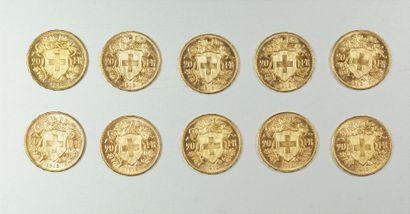 null 10 gold coins of 20 Swiss francs. 6 from 1915 and 4 from 1916