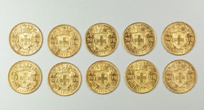 null 10 pièces en or de 20 francs suisse. 2 de 1903, 2 de 1908, 2 de 1909, 2 de 1910,...