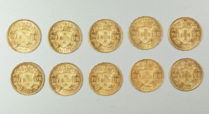 10 pièces en or de 20 francs suisse. 9 de...