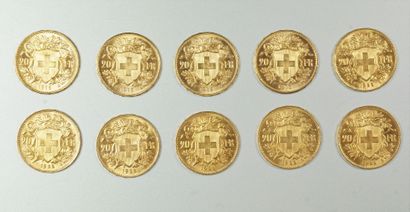 10 pièces en or de 20 francs suisse. 4 de...