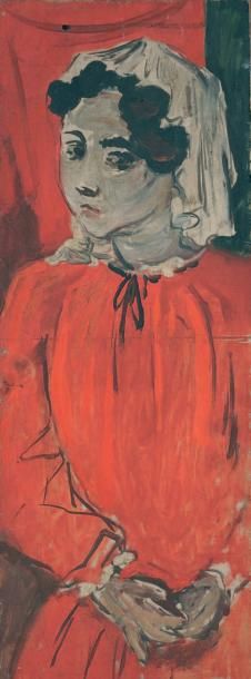 null Jeune fille en rouge, 1947 Huile sur panneau Signée du cachet 54 x 20 cm