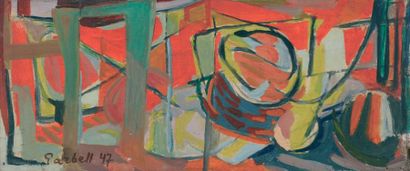 null Nature morte sur fond rouge, 1947 Huile sur panneau Signée en bas à gauche et...