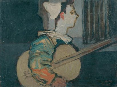 null Clown guitariste, 1928 Huile sur toile Signée en bas à droite 46 x 61 cm