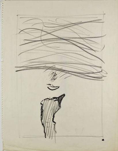 René GRUAU (1909-2004) Set of three drawings (charcoal, marker and ink) of various...