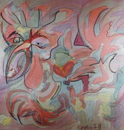 Victor SPAHN (né en 1949) Rooster in love, 1979
Painting on silk pasted on panel.
Signed...