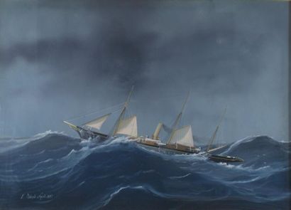L ROBERTO (1845 - 1910) «Bateau dans la tempête». Gouache sur papier, signée en bas...