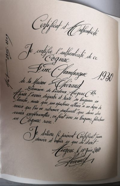 null 1 bouteille COGNAC Fine Champagne - LHERAUD 1930 Numérotée 2205/2209. Certificat...