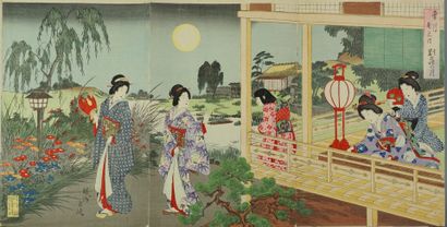 null Tryptique de Chikanonu (1887) Des geishas et une kamuro sur une terrasse . 37...