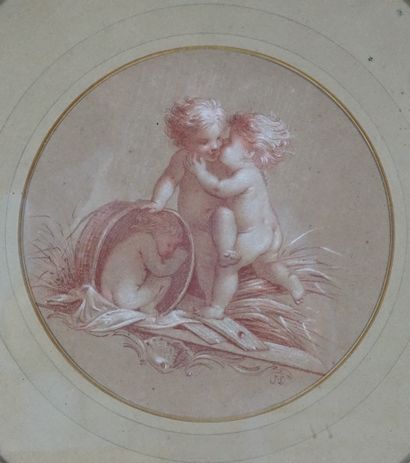 Ecole française fin XIXe. Deux dessins ronds à la sanguine et craie blanche représentant...