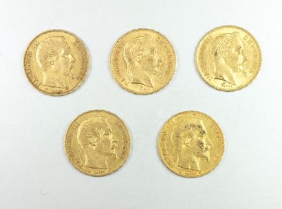 Lot de 5 piéces en or de 20 Francs Napoléon...