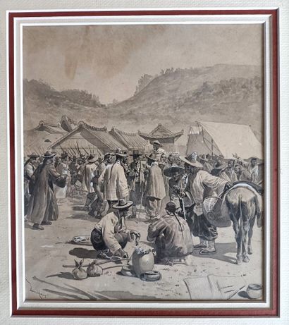 Eugène DAMBLANS (1865-1945) «Marché chinois (Opium?)» - Aquarelle/lavis – signé en...