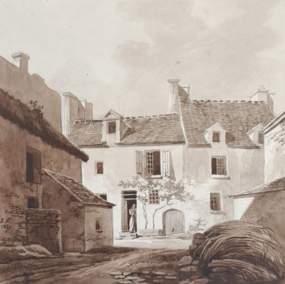 Jean Vasserot (1769-18..) (lot de deux œuvres) "Intérieur de ferme, 1827" - Encre...