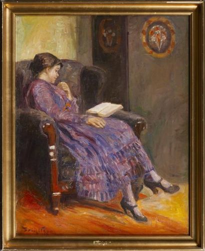 Povl Friis NYBO (1869-1929) "Jeune femme à la robe violette lisant" Huile sur toile...