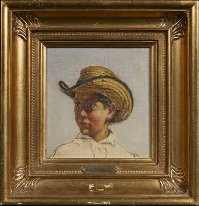 ECOLE DU NORD XXème " Portrait d'un garçonnet au chapeau de paille" Huile sur toile...