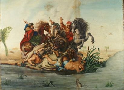 ANONYME "La chasse à l'hippopotame et aux crocodiles" Huile sur panneau Travail du...