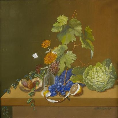 Arendt Dahl BUCHARD "Natures mortes aux fleurs et aux fruits" Paire de gouaches sur...