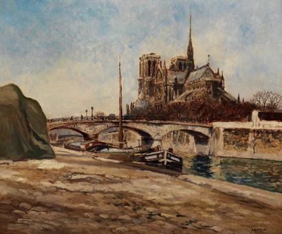 Marcel LEPRIN (1891-1933) Le chevet de Notre Dame Huile sur toile (rentoilée) signée...