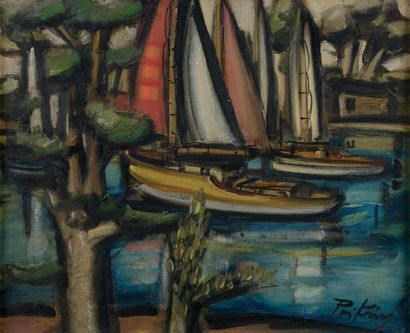 Franz PRIKING (1927-1979) Barques, voiles déployées Huile sur toile signée en bas...