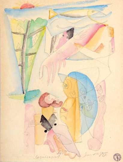 Leopold SURVAGE (1879-1968) Ce qui se passe Crayon et aquarelle sur papier signé...
